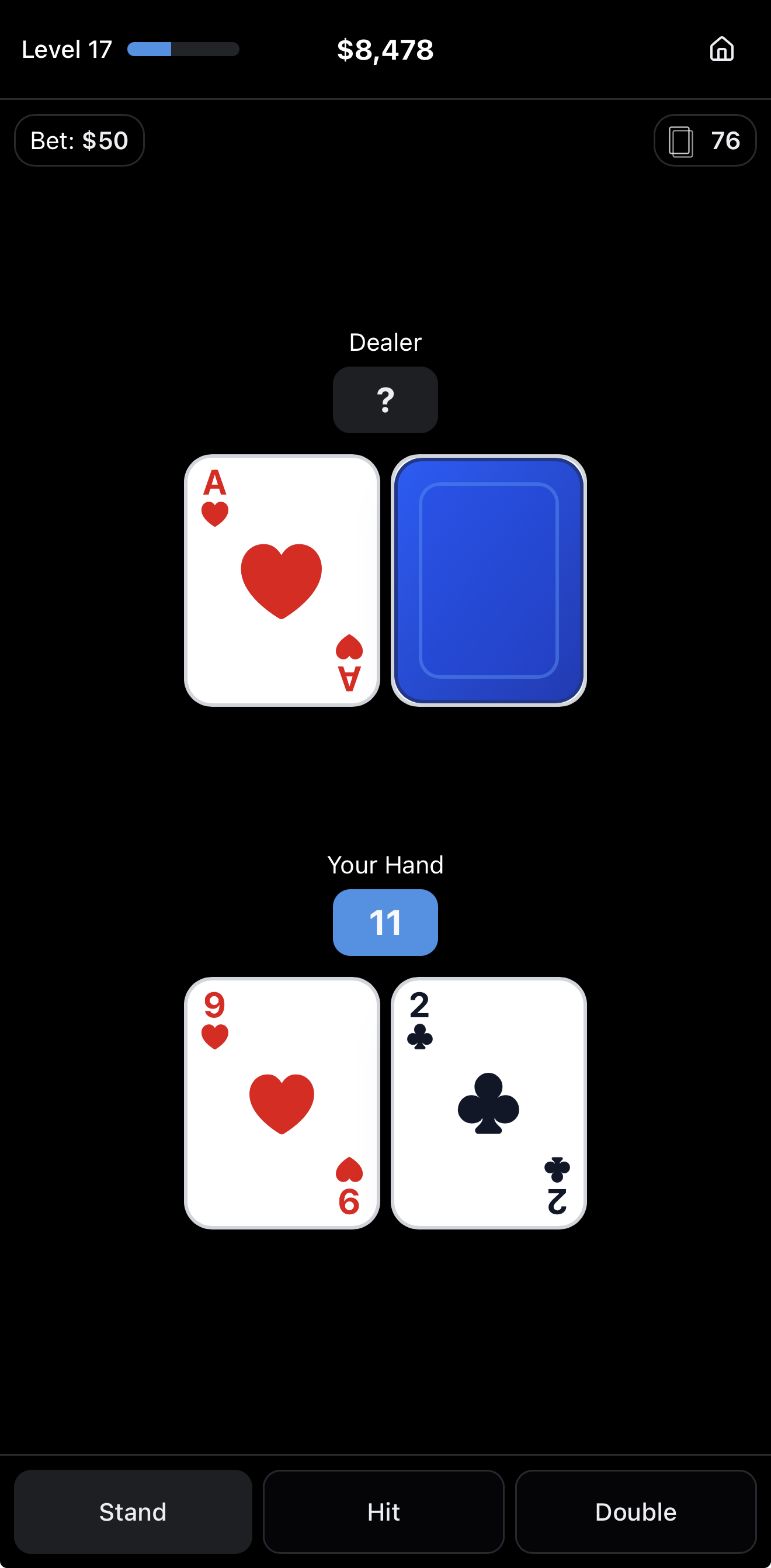 Mode selection with learning, practice, and expert options plus performance stats