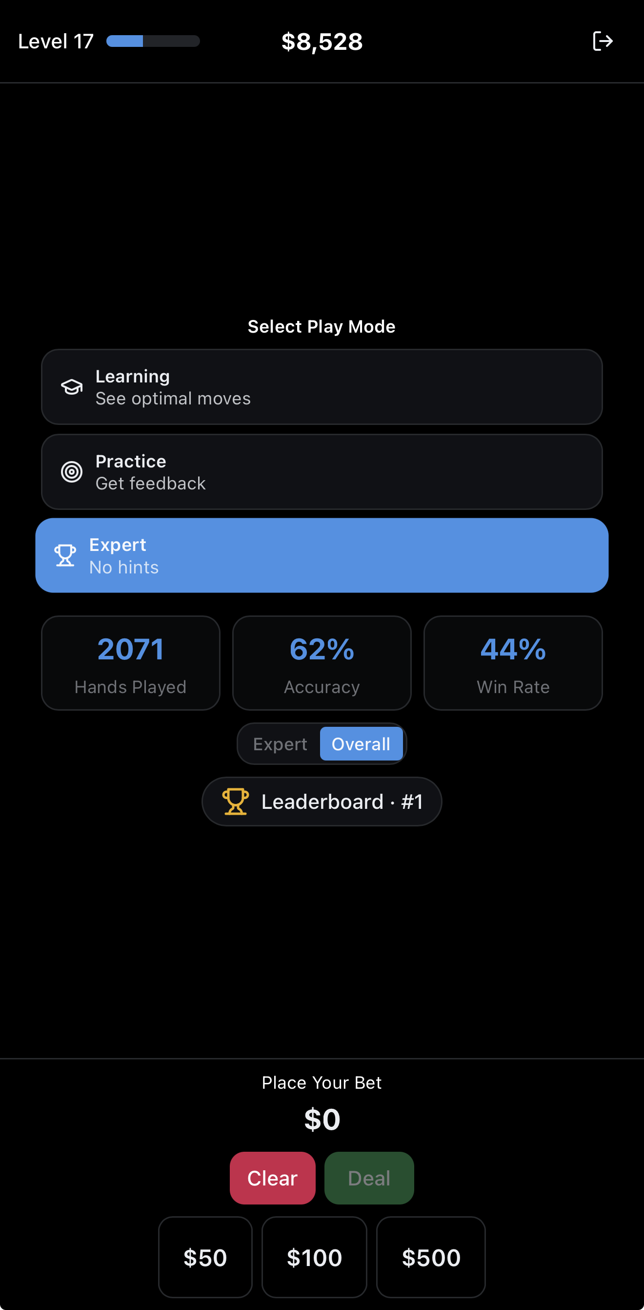 Blackjack hand view showing cards, dealer, and action controls