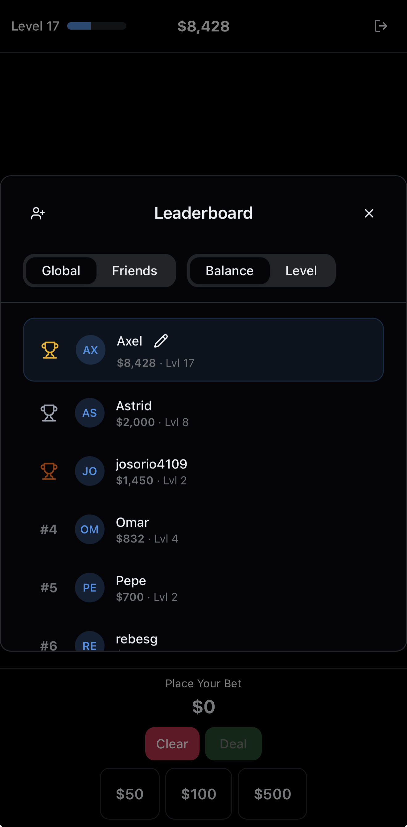 Leaderboard modal with ranked players, balance, and level