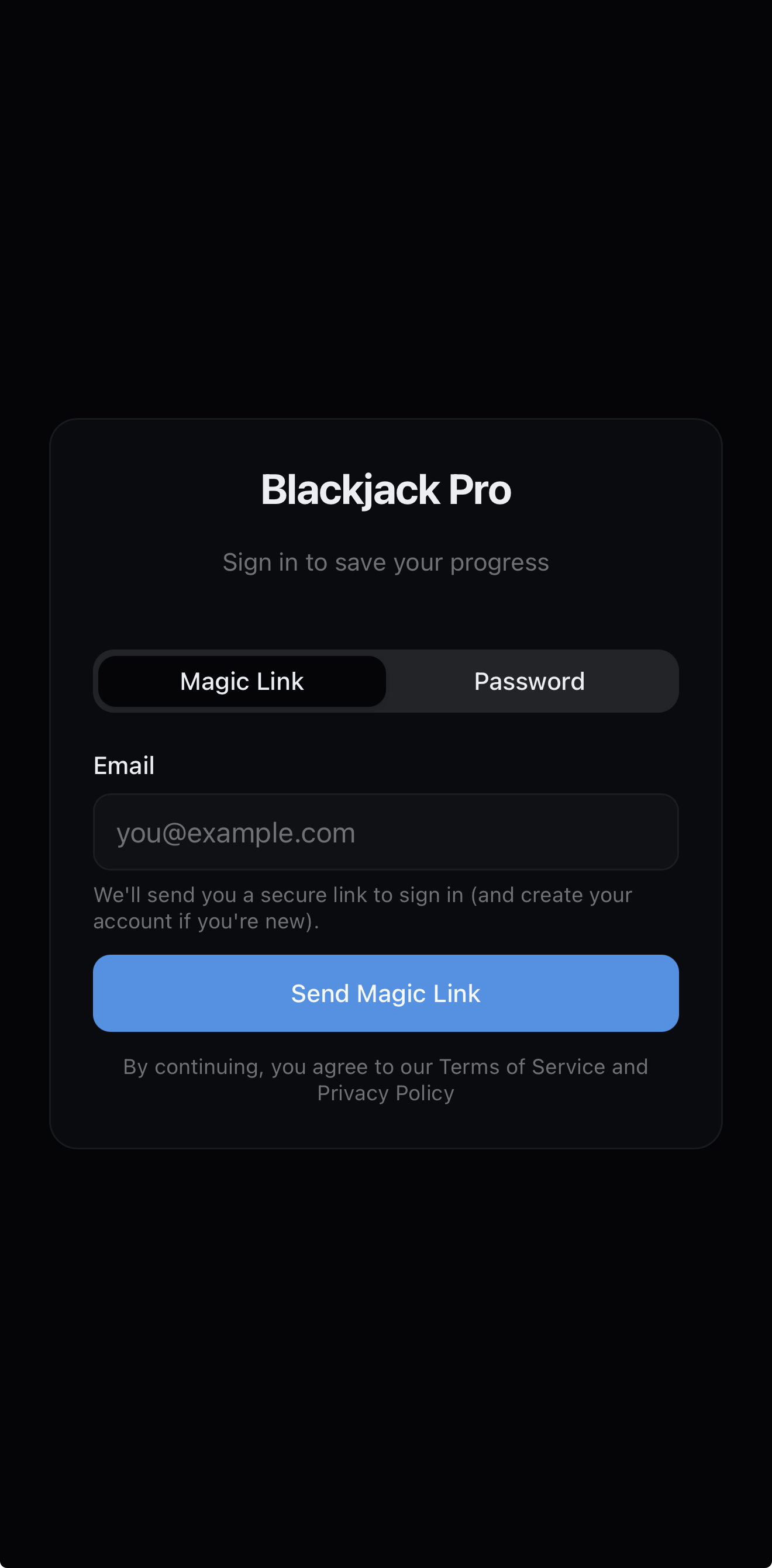 Blackjack Pro login screen with magic link and password tabs